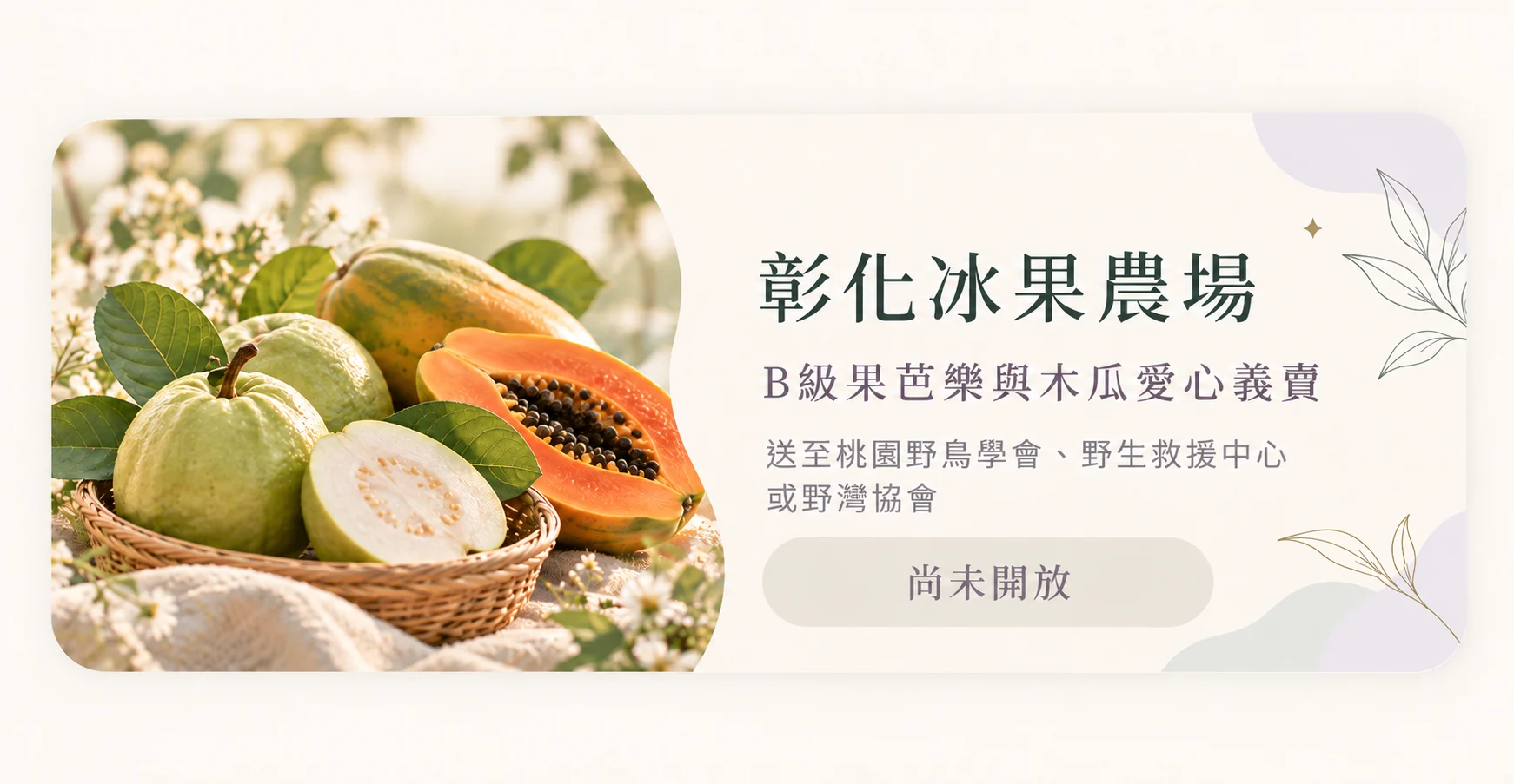 彰化冰果農場：B級果芭樂與木瓜愛心義賣，送至桃園野鳥學會、野生救援中心或野灣協會，目前尚未開放